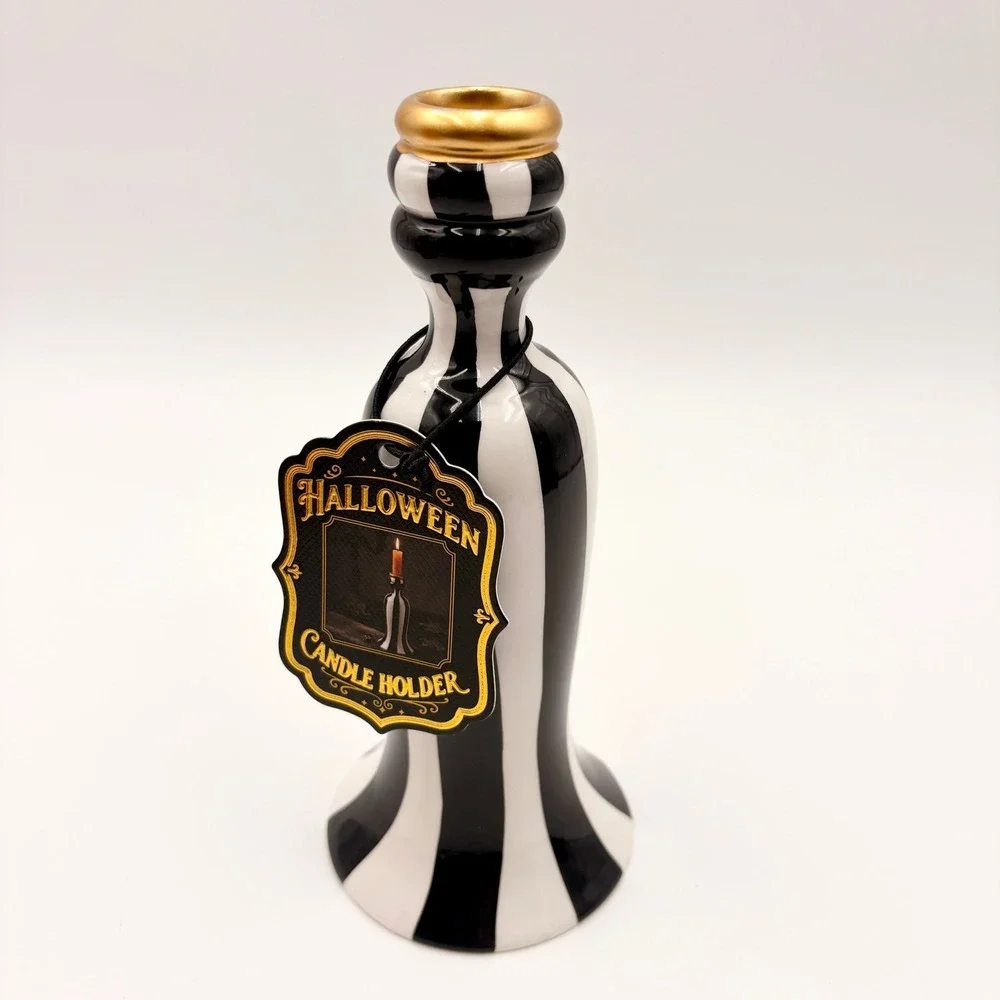 Black and White Striped Halloween Ceramic Taper Candle Holder Gold Rim